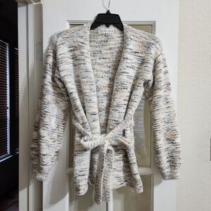 Knox Rose Medium Open-Front Tie-Belt Thick Fuzzy Marled Knit Cardigan Sweater